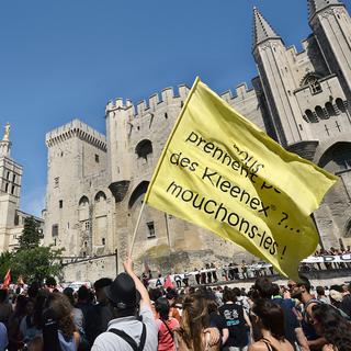 Mouvement d'intermittents du spectacle au Festival d'Avignon le 12 juillet 2014. [AFP - Boris Horvat]