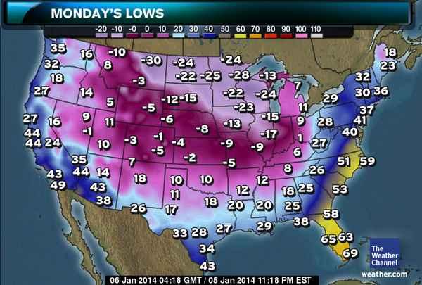 Les prévisions de Weather Channel pour lundi, allant de -28°F (-33° Celcius) à 69°F (20,5° Celcius).