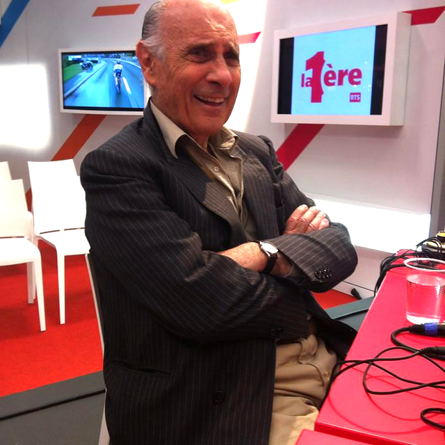 Guy Marchand sur le stand de la RTS juste avant son interview en direct dans "Vertigo" sur La 1ère.
