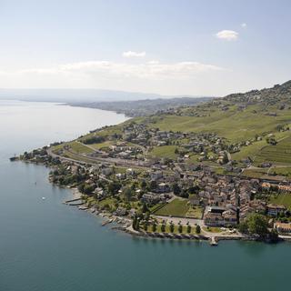 Vue aérienne du village de Cully dans les vignes du Lavaux au bord du Lac Léman. [Laurent Gillieron]