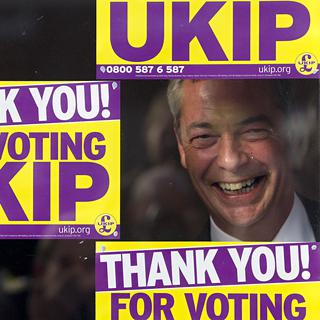 Nigel Farage photographié le 10 octobre dernier, à travers la vitre des bureaux de Ukip. [Justin Tallis]
