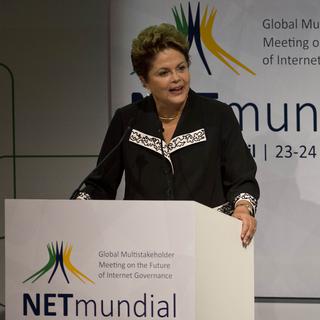 La présidente du Brésil Dilma Rousseff, lors du sommet NETmundial, le 23 avril 2014. [NELSON ALMEIDA]