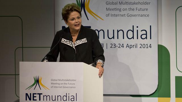 La présidente du Brésil Dilma Rousseff, lors du sommet NETmundial, le 23 avril 2014. [NELSON ALMEIDA]