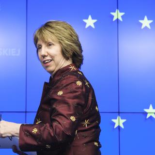 La cheffe de la diplomatie européenne Catherine Ashton a présenté lundi les mesures décidées devant la presse. [Wiktor Dabkowski]