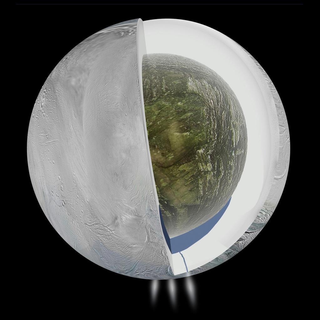 Illustration de la Nasa, montrant le probable intérieur d'Encelade, une lune de Saturne. Au sud, un océan entre la couche de glace extérieure et le coeur minéral de la lune. [Nasa, JPL, Caltech - AP Photo]