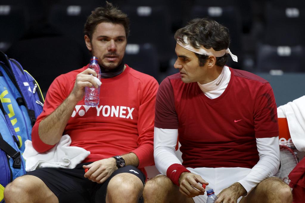 Stan et Roger se sont entraînés pour la 1ère fois ensemble à Lille. [KEYSTONE - SALVATORE DI NOLFI]