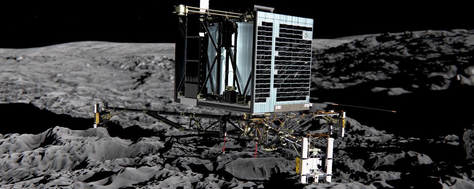 Le module Philae sur la surface de la comète Churyumov-Gérasimenko (image de synthèse). [Esa/Medialab]