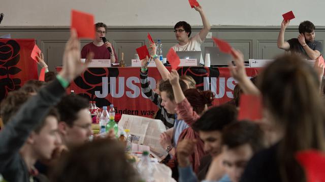 L'assemblée annuelle des Jeunes socialistes le 15 mars 2014 à Berne. La formation a réussi à récolter 117'000 signatures pour son initiative anti-spéculation. [Lukas Lehmann]