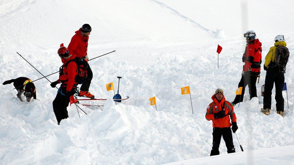 Des secouristes sondent la neige après l'avalanche la piste des Rousses, ce dimanche 27 décembre 2009 à Anzère. [Keystone - Jean-Christophe Bott]