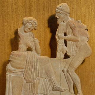 Ulysse déguisé en mendiant cherche à se faire reconnaître de Pénélope, relief en terre cuite de Milo, v. 450 av. J.-C., musée du Louvre. [DP]
