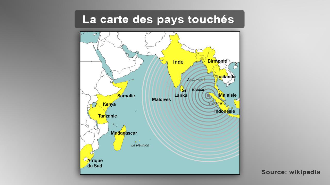 La carte des pays touchés par le tsunami de 2004.