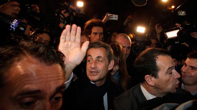 Nicolas Sarkozy lors de son arrivée dans son QG de campagne, ce samedi soir. [Thibault Camus]