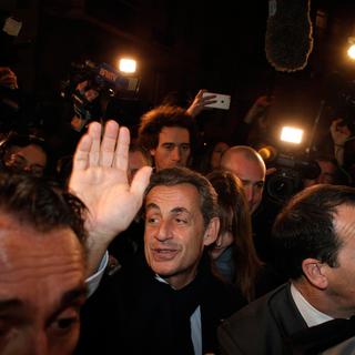 Nicolas Sarkozy lors de son arrivée dans son QG de campagne, ce samedi soir. [Thibault Camus]