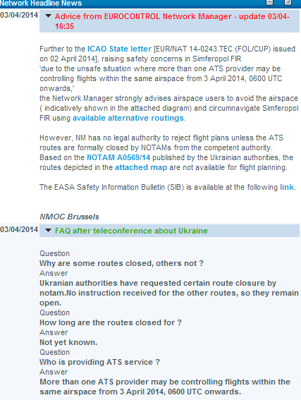 Les recommandations concernant l'espace aérien criméen par Eurocontrol.