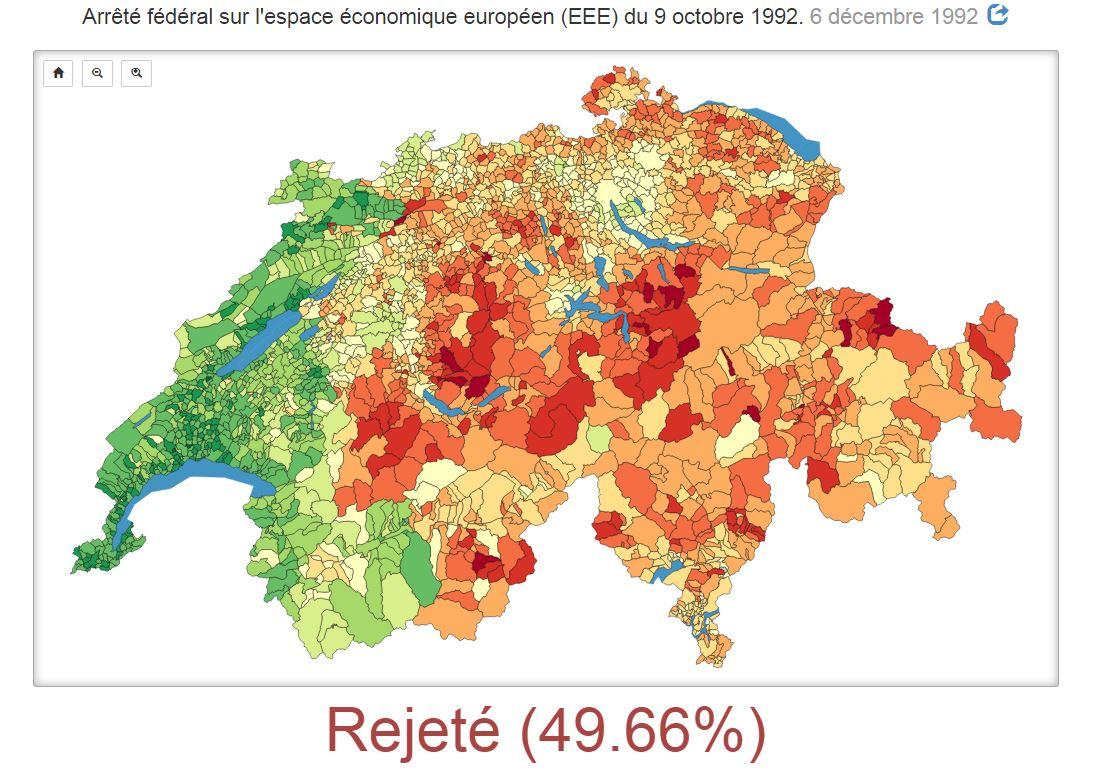 La plateforme predikon.ch permet de visualiser les résultats de plusieurs votations emblématiques, comme l'adhésion à l'EEE en 1992.