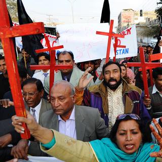 Des membres de l'Alliance chrétienne démocrate manifestant contre la condamnation d'Asia Bibi à Lahore en 2010. [Arif Ali]