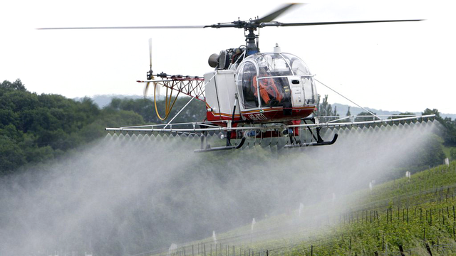 Un hélicoptère effectuant le sulfatage d'un vignoble genevois. [Keystone - Salvatore Di Nolfi]