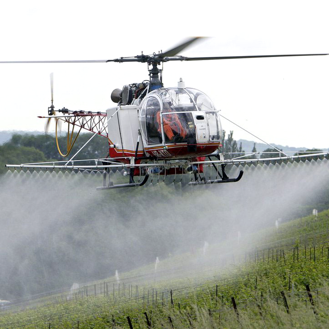 Un hélicoptère effectuant le sulfatage d'un vignoble genevois. [Keystone - Salvatore Di Nolfi]