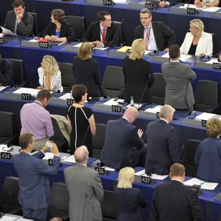 Le geste des europhobes lors de l'hymne européen. [AP Photo/Christian Lutz]