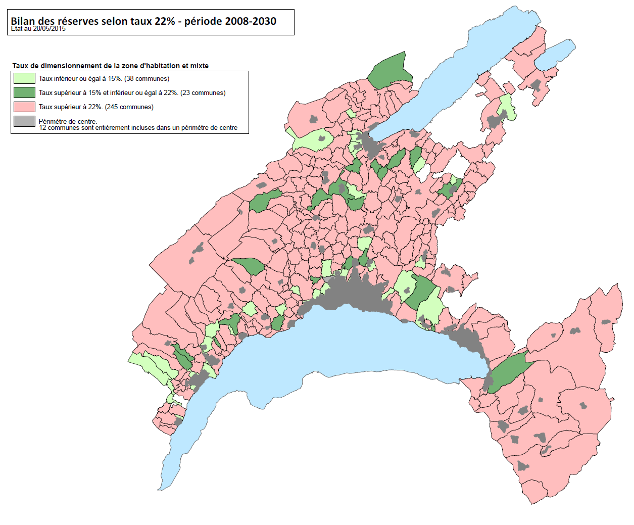 La carte fournie par les autorités donnant le taux de réserves de chaque commune vaudoise dans une perspective de croissance de 22% d'ici 2030. [Canton de Vaud]