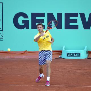 Stan Wawrinka - et son short - lors d'une session d'entraînement au Geneva Open, ce lundi 18 mai 2015. [Keystone - Chrisitian Brun]