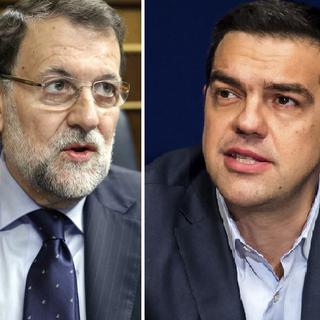 Le Premier ministre espagnol Mariano Rajoy (gauche) et son homologue grec Alexis Tsipras. [Keystone/EPA/AP - Paco Campos/Geert Vanden Wijngaert]