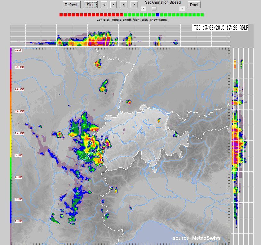 L'image radar des précipitations de jeudi. [MétéoSuisse]