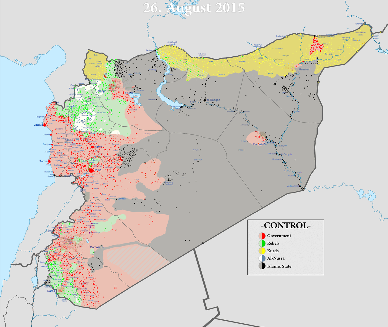 La situation en Syrie en date du 26 août. En noir: territoire sous contrôle du groupe Etat islamique, en rouge contrôle du régime, en vert les rebelles, en jaune les Kurdes. [Wikimedia Commons]