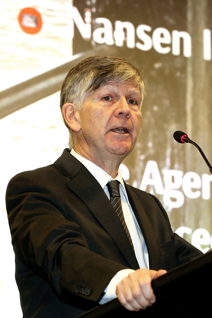 Le Professeur Walter Kaelin, le 12 octobre 2015 à Genève, lors de la cérémonie lançant l'agenda pour la protection des personnes déplacées au-delà des frontières dans un contexte de changement climatique. [Magali Girardin]