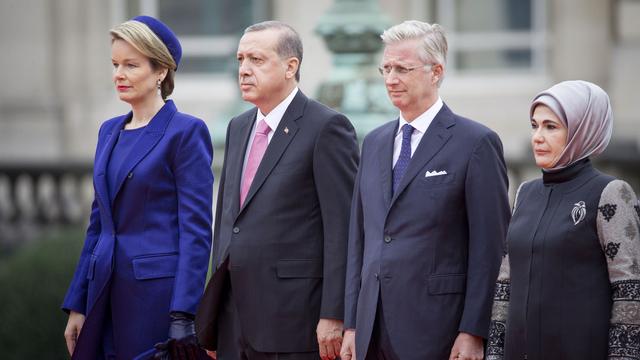 Le couple Erdogan a été reçu par le roi Philippe et la reine Mathilde lundi matin à Bruxelles. [DPA/Picture-Alliance/AFP - Patrick van Katwijk]