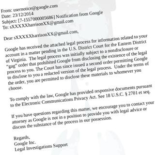 Copie du mail envoyé aux trois journalistes par Google. [Twitter/Wikileaks]