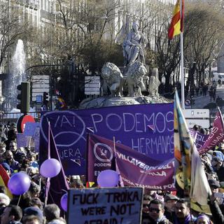 Avant le départ de la manifestation de Podemos, ce samedi 31 janvier 2015 à Madrid. [EPA/Keystone - Chema Moya]