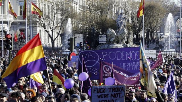 Avant le départ de la manifestation de Podemos, ce samedi 31 janvier 2015 à Madrid. [EPA/Keystone - Chema Moya]