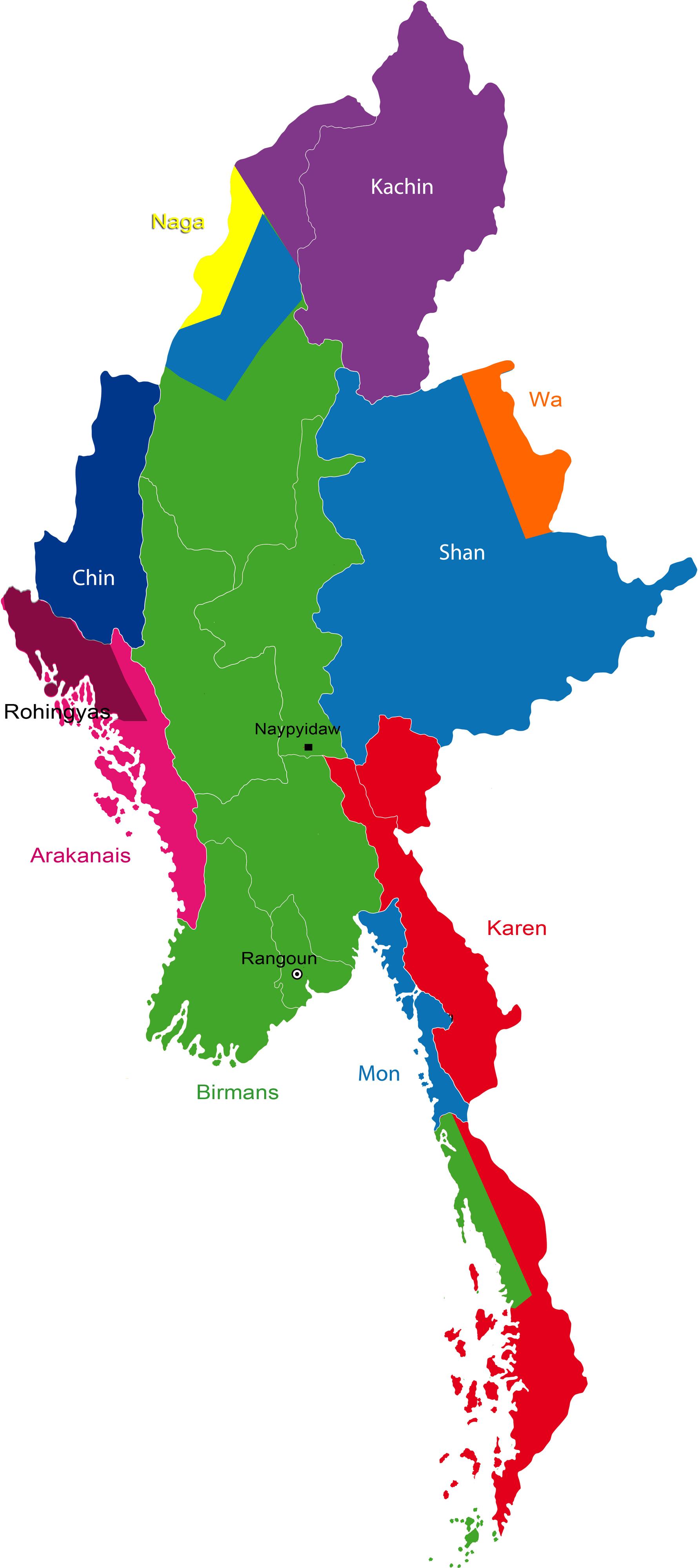 Les principales ethnies birmanes sur une carte.