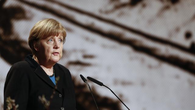 Angela Merkel, lors de son discours lundi. [Reuters - Hannibal Hanschke]