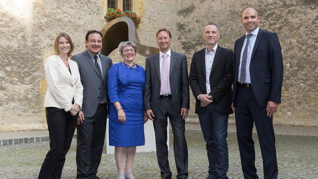 Le Conseil d'Etat neuchâtelois, photographié après la nomination de Laurent Favre en 2014.