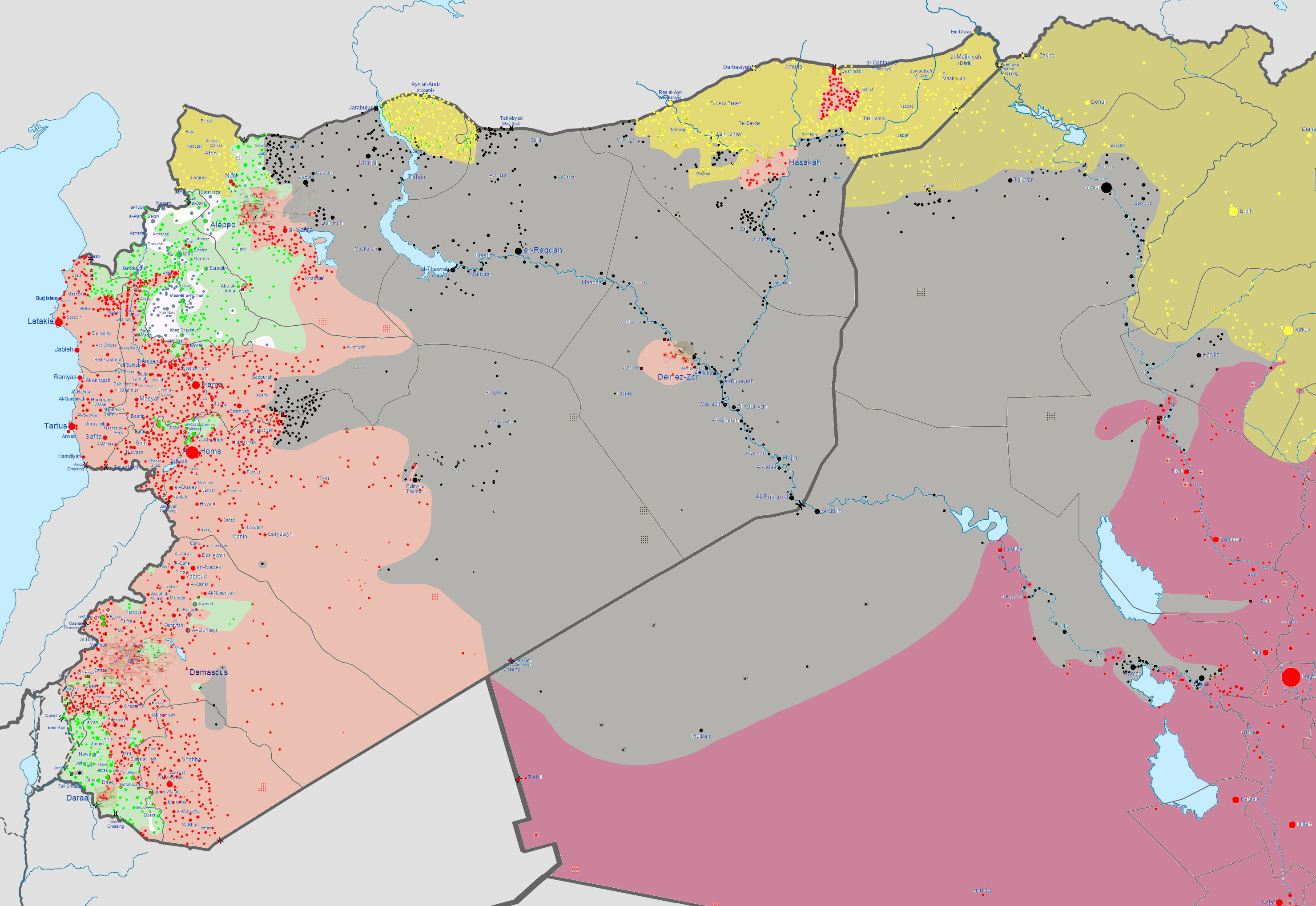 La situation irako-syrienne actuelle correspond en partie aux prévisions des renseignements militaires américains, avec les villes de Mossoul et Ramadi en main de l'EI (en noir), et le régime syrien concentré sur l'est du pays (en rouge). [Wikimedia Commons]