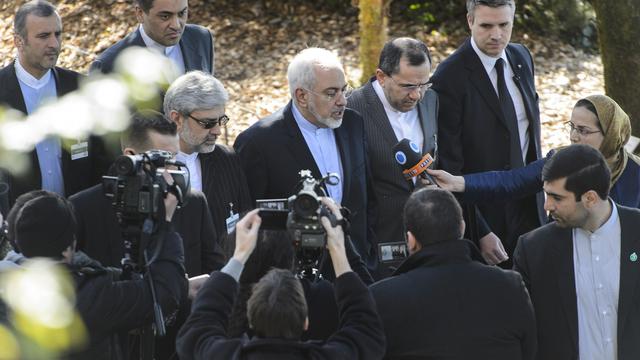 Le ministre des Affaires étrangères iranien Mohammad Javad Zarif parle à la presse  en marge de ses entrtiens avec John Kerry, ce mardi 3 février 2015 à Montreux.