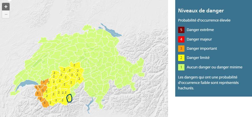 La carte des dangers de MétéoSuisse le 2 mai à 14 heures