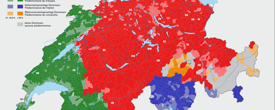 Langues nationales parlées dans les communes suisses en 2000. [Office fédéral de la statistique, site web Statistique suisse.]