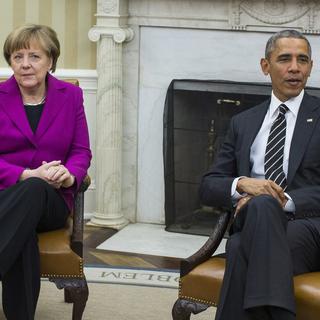 Barack Obama reçoit Angela Merkel pour discuter de l'Ukraine. [key - EPA/Jim Lo Scalzo]