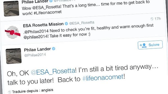 Conversation sur Twitter entre Philae et Rosetta, juste après le réveil du petit robot. [Twitter]