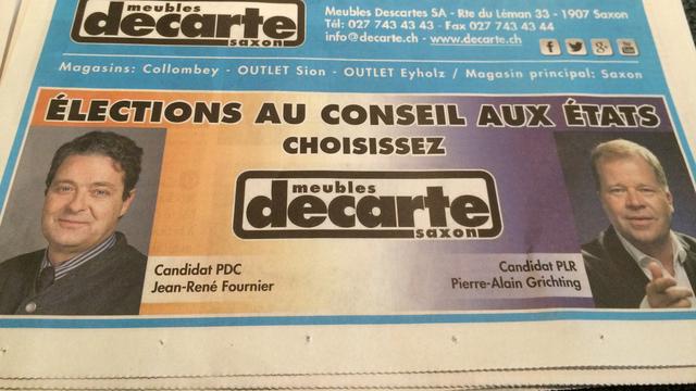 La publicité des meubles Decarte publiée dans le Nouvelliste met en avant des candidats aux élections fédérales. [Nouvelliste]