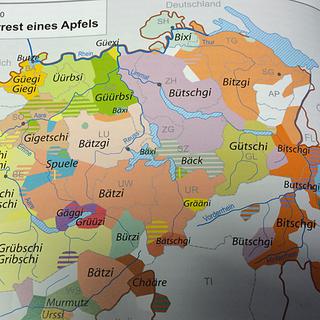 Les différentes appellations du trognon de pomme en Suisse alémanique. [Kleiner Sprachatlas der Deutschen Schweiz]