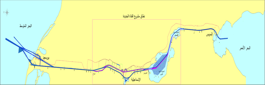 Le tracé du canal initial (bleu, 193 km avec les chenaux) et des nouveaux bras (violet, 72 km élargis ou dédoublés). [Suez Canal Authority]