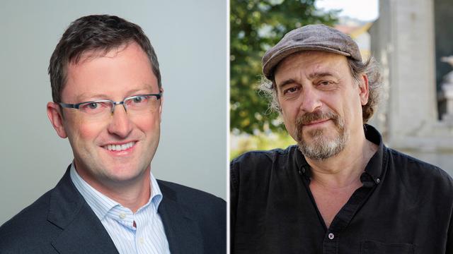 Les journalistes de la Weltwoche Peter Keller (UDC) et de la Wochenzeitung Andreas Fagetti (sans parti) s'opposent à Nidwald. [Keystone]