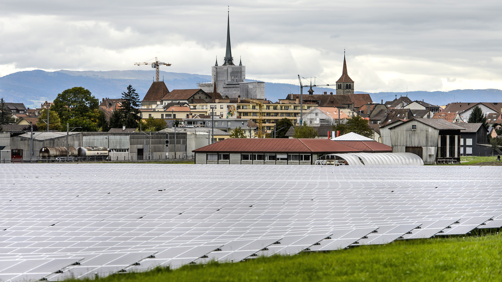 Une vue générale sur le parc solaire de la Boverie à Payerne. [Jean-Christophe Bott]