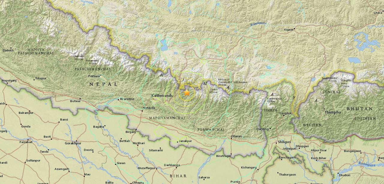 L'étoile montre l'épicentre du séisme, situé à quelques dizaines de kilomètres de Katmandou. [http://earthquake.usgs.gov/]