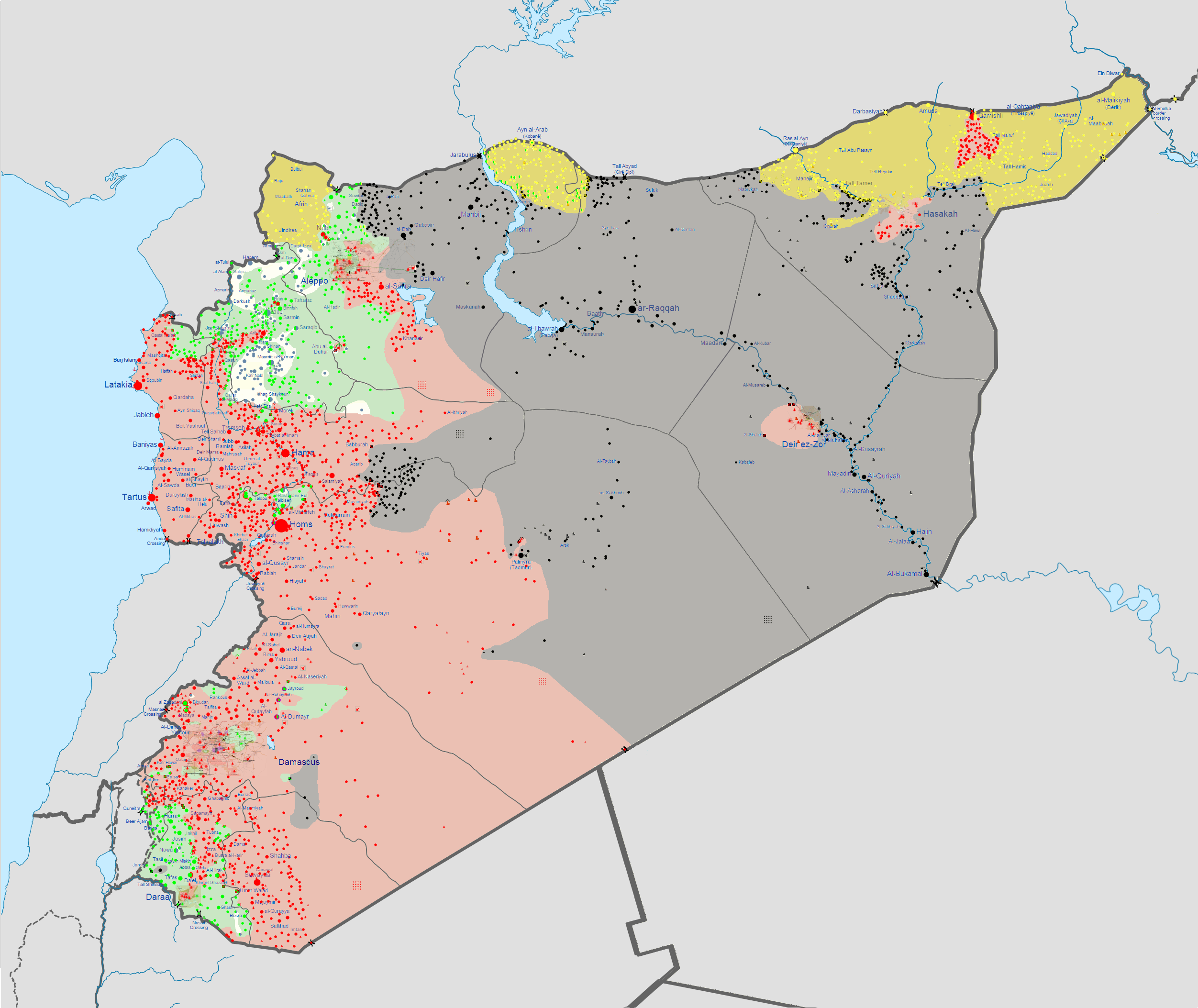 La carte de la situation en Syrie après la chute de Palmyre. En noir: territoire sous contrôle du groupe Etat islamique, en rouge contrôle du régime, en vert les rebelles, en jaune les Kurdes. [Wikimedia Commons]