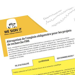 La pétition contre l'anglais obligatoire pour les projets de recherche FNS. [http://languefns.wesign.it/fr]